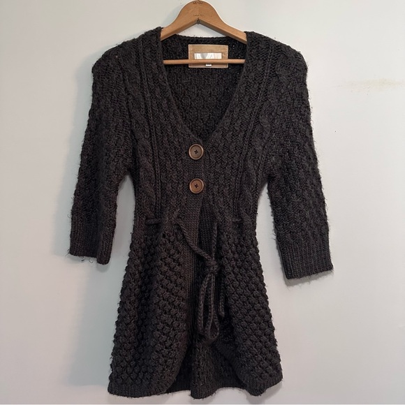 Kaisely Charcoal Gray Chunky Knit Blended Cardigan Sweater w/ Tie & Buttons Sz L - Picture 1 of 16